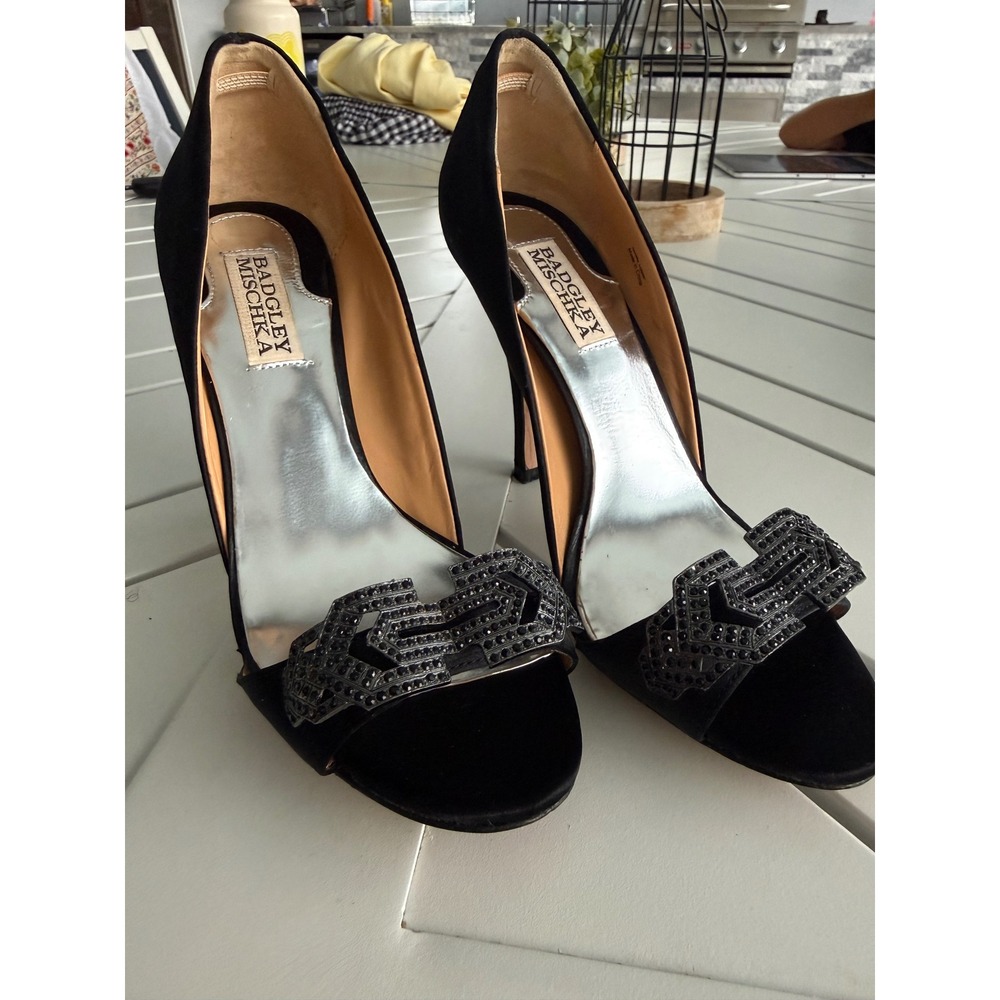 Badgley Mischka Black Satin Crystal Embellished Open Toe Pumps Heels Womens 7M - Picture 2 of 10